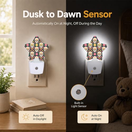 Image of Star Night Light with Dusk to Dawn Sensor, Funny Skull Plug in Night Light for Kids Bedroom Nursery, Soft Warm Glow Lamp for Hallway Bathroom Energy Saving