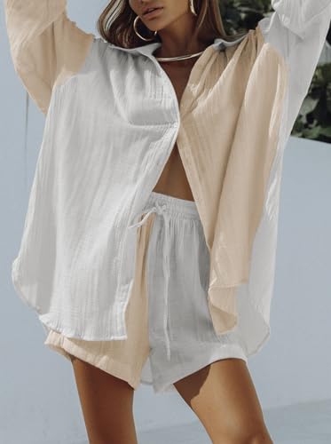 Linsery 2 Piece Summer Outfits Button Down Shirt Top and Shorts Casual Lounge Sets4