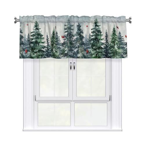 Miaoquhe Winter Snowy Forest Valances for Windows 54x18 Christmas Cardinal Birds Short Curtains Watercolor Xmas Pine Tree Window Treatment Rod Pocket Valances for Kitchen Living Room Decor