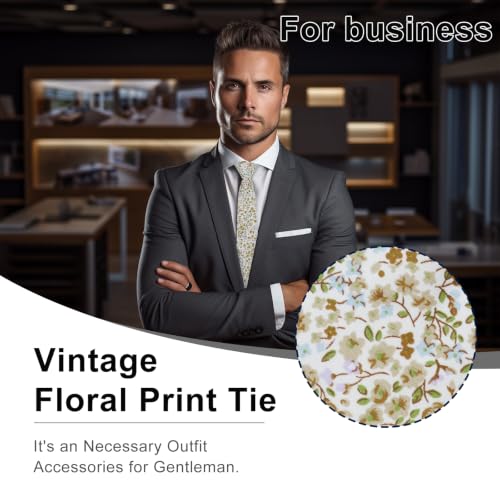 Image of Luckyvestir Ties for Men, Sage Green Cotton Floral Tie 2.76 inch Flower Printed Men's Neckties for Wedding /Groomsmen /Suit /Party