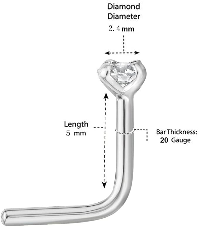 Lavari Jewelers 20 Gauge 0.01 to 0.07 Carat Lab Grown Diamond L-Shaped Nose Stud for Women - 14k White Gold 1.3 to 2.7 (D-E, VVS1-VVS2 to I2-I3, cttw) Nose Ring - 20G Unisex Nostril Piercing Jewelry