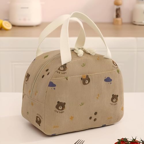 Image of SVH Reusable Insulated Lunch Tote for Women & Kids | Corduroy Large Lunch Bag with Front Storage Pocket, Durable Handles & Smooth Zipper for Office & School (Corduroy Bear Brown)