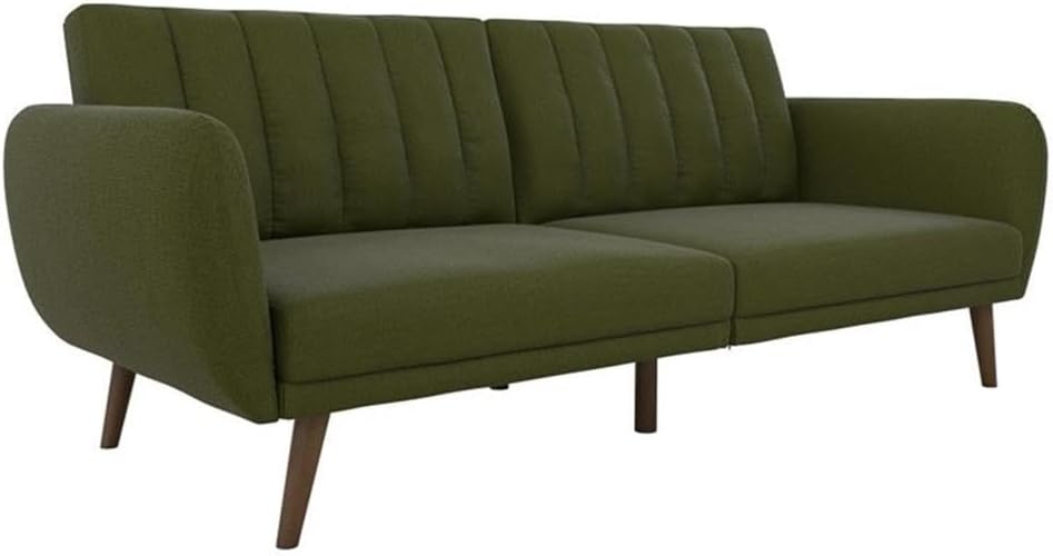 Pemberly Row Contemporary Linen Sleeper Sofa, Green Finish, 81.5" W x 34.5" D x 31.5" H, Ribbed Tufted Cushioned Back, Oak-Colored Wooden Legs, Sturdy Wood Frame, Elegant Living Room Furniture