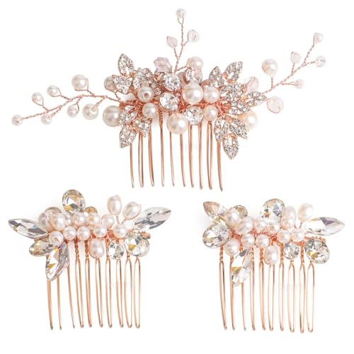 Sppry Elegant Rhinestone Pearl Hair Combs Jewelry Floral Crystal Hair Accessories for Bridal Women at Wedding Prom Set of 3 (Rose Gold)