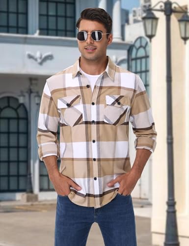 Cotrasen Mens Flannel Shirts Long Sleeve Flannel Shirt for Men Casual Button Up Plaid T-Shirt with 2 Pockets3