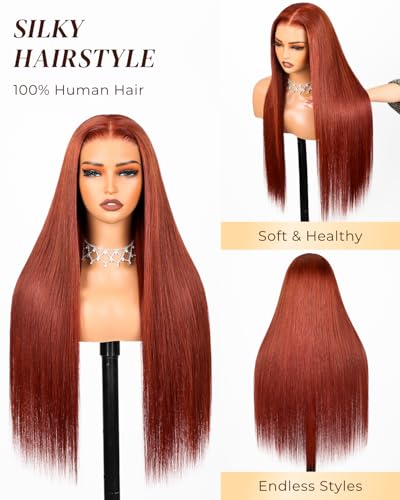 Image of Arabella Reddish Brown 5x6 HD Lace Wear and Go Glueless Wigs Human Hair Pre Plucked Pre Cut Auburn Stragiht Color Lace Front Wigs Human Hair 12A 230% Density Bleached Tiny Knots 26 inch