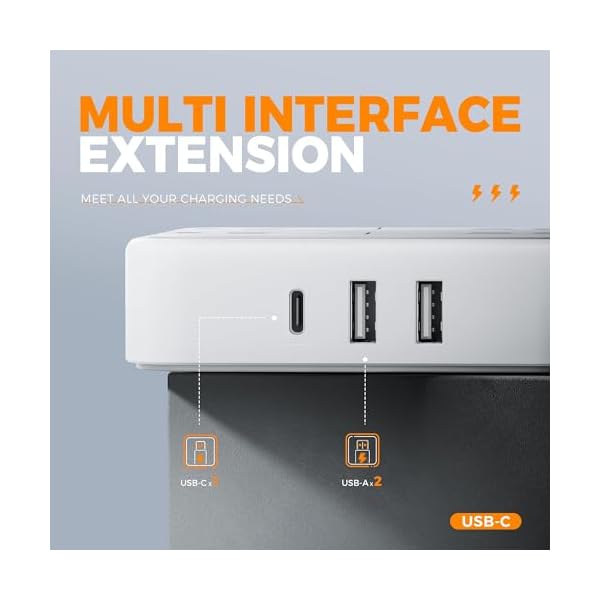 Flat Plug Extension Cord Indoor 5 Feet, Power Bars with Surge Protector, TESSAN Power Strip with 4 Multiple Outlets 3 USB Ports (1 USB C), Surge Protection for Dorm Room Home Office, Gray - Image 5