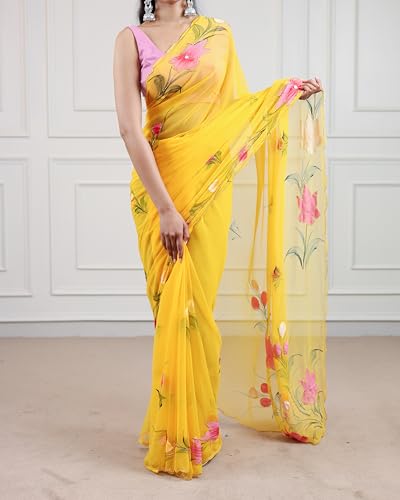 Image of Arkia Women's Yellow Hand Painted With Hand Work Embroidered Saree with Pink Accents Cut dana
