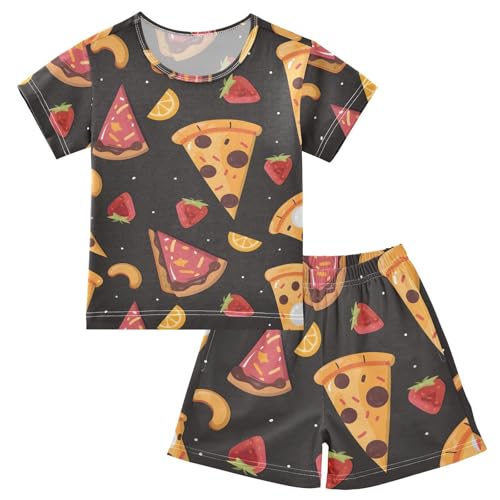ALAZA Pizza Strawberry Cartoon Pajamas Short Sleeve 2 Piece Sleepwear Top and Bottom Pajama Set Unisex