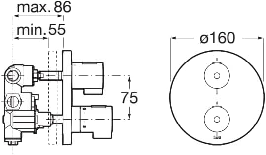 Technical drawing with dimensions for Roca A5A2K18C00 mixer
