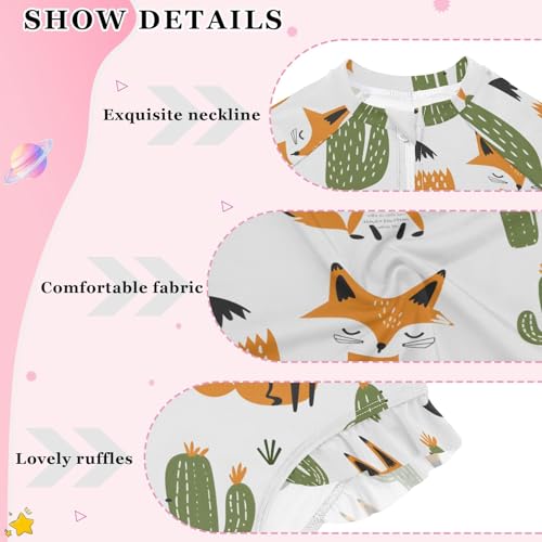 Fox and Cactus Girls Long Sleeve Swimsuit Rash Guard One Piece Bathing Suits Zipper 3-12T4