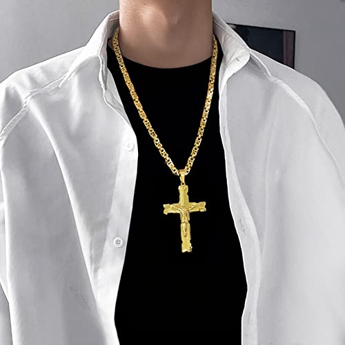 Komi Cross Necklace For Men - Stainless Steel Cross Pendant Necklace Jesus Mens Cross Necklaces With Gold Byzantine Chain Necklace Amulet Crucifix Necklaces Catholic Christian Gifts For Men #TOP2