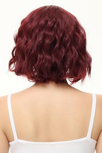 Image of Rose bud Wavy Bob Wig with Bangs Natural Wine Red Wig Synthetic Hair Shoulder Length Short Curly Wigs for Women