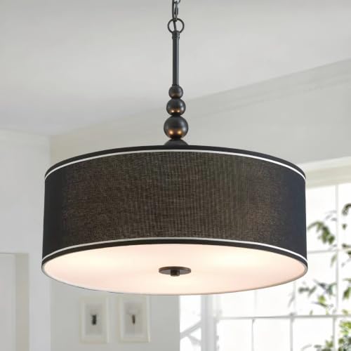 Shrine Lighting Drum Chandeliers, Farmhouse Style, Perfect Drum Pendant Light for Dining Room, D21'' x H8'', Adjustable Chains 59'', E26*3 Sockets, Black Linen Fabric Lampshade & Black Rod