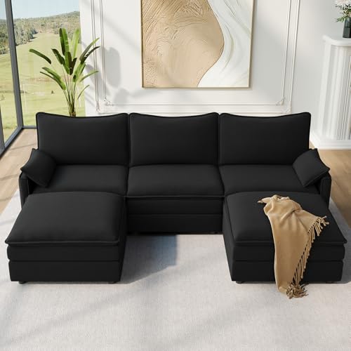 Image of Vesgantti 108 inch U Shaped Sectional Couch, Comfy Cloud Modular Sectional Sofa with 2 Ottoman Deep Seat Chenille Modern Cloud Sofa, Modular Sofas for Living Room, Bedroom and Apartment, Black