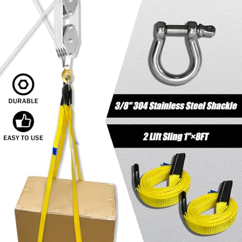 YATOINTO Rope Pulley Hoist 4400 LB, Pulley Block with 3/8\" Shackle and 2PCS Lift Sling, 8:1 Lifting Power Block and Tackle Pulley System, 65ft Heavy Duty Rope Hoist for Garage Warehouse Constructions