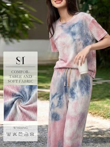Image of SMOWKLY Korean Night Dress |Summer wear | Lounge Wear |Everyday Pyjama Set |Tie-dye Relaxed Fit Stylish Pajama Sets | Short Sleeve Top & Long Pant Sleepwear Pjs Lounge Set Co-ords Outfit with Pockets