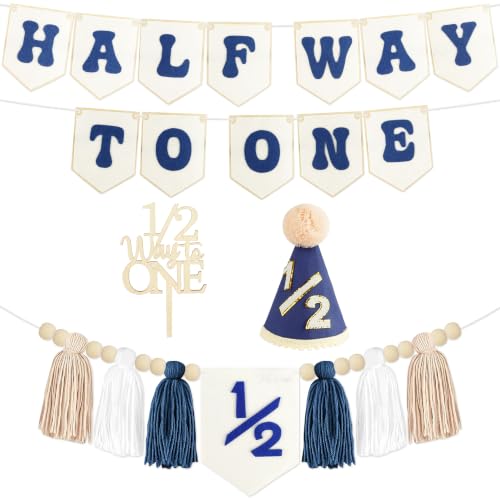 Image of THAWAY 1 /2 Birthday Boy Decorations, Blue Half Way to One Banner Set | Felt banner;wooden cake topper;1 /2 hat;baby boy 6 month party