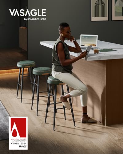 Image of VASAGLE EKHO Collection - Bar Stools Set of 2, Kitchen Counter Stools, Breakfast Stools, Synthetic Leather with Stitching, Mid-Century Modern, 30-Inch Tall, Home Bar, Forest Green ULBC090C01V1 | Breakfast Stools, PU Leather with Stitching, Transitional, Home Bar, Forest Green, EKHO Collection ULBC090C01