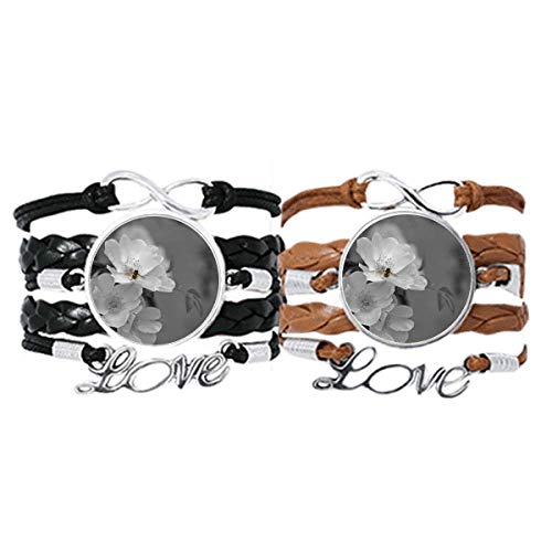 Bracelet Amour Couple en cuir et corde noir et blanc fleurs