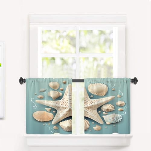 BaoNews Seashells Starfish Kitchen Tier Curtains for Windows, Coastal Decorations Blackout Valances Multilayer Polyester Window Treatments for Kitchen 2 Pack 26X24 Inches