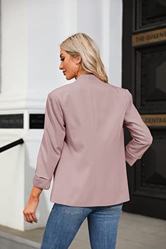 Ofenbuy Womens Casual Blazer Ruched 3/4 Sleeve Open Front Relax Fit Office Lightweight Cardigan Jacket Blazers (Large, Pink) #TOP2