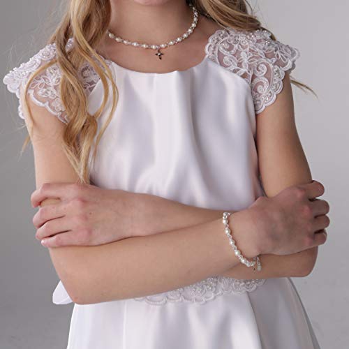 Precious Pieces Children's Sterling Silver Cross Bracelet and/or Necklace with Cultured Pearl and Crystal First Communion, Baptism or Christening Gift2
