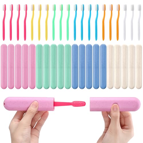 LemonRoad 40 Pcs Travel Toothbrush Holder Sets 20 Disposable Toothbrush Individually Wrapped 20 Portable Tooth Brush Case Covers with Ventilation Holes for Travel, Home, Camping, Hotel(Macron)