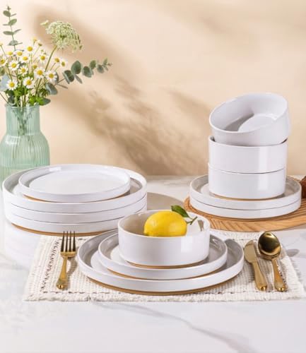 Image of AmorArc Ceramic Dinnerware Set for 4 | Speckled Stoneware Plates and Bowls with unglazed terracotta | Scratch Resistant, Dishwasher & Microwave Safe Dishes Sets- 12-Pcs Milk White