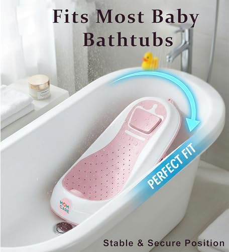 Image of MOM CARE Foldable Baby Bath Support Seat for Newborn (0-6 Months) | Anti-Slip Silicone Baby Bather | Ergonomic Infant Bath Seat for Sink, Tub & Floor | Portable Newborn Bath Support Chair | Pink
