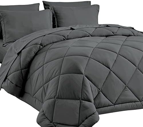 CozyLux Queen Bed in a Bag 7-Pieces Comforter Sets with Comforter and Sheets Dark Grey All Season Bedding Sets with Comforter, Pillow Shams, Flat Sheet, Fitted Sheet and Pillowcases