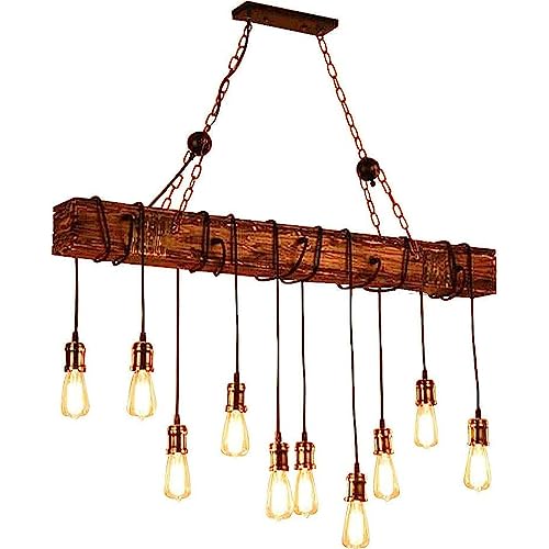 Lustre en bois naturel à 10 lampes style industriel rétro