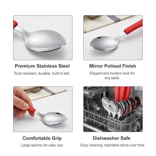 Image of Premium Stainless Steel Table Spoon Set of 6 | 15 cm Large Dinner Spoons, Mirror Finish | Flatware for Dining Table & Kitchen | Dishwasher Safe | Red