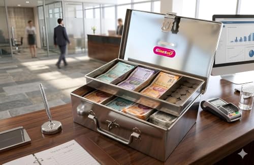 Image of Stainless Steel Cash Box with Removable Tray, 4 Compartments, Secure Key Lock, Portable Money Storage Organizer for Home, Office, Shop Counter & Cash Handling