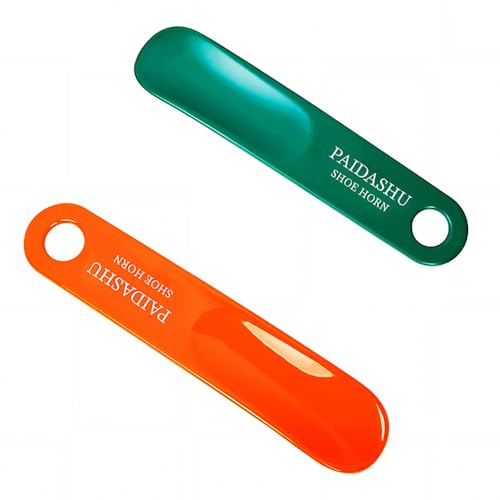 PAIDASHU Schoenlepel 2 stuks plastic schoenlepel 19/26 cm, glad oppervlak, met hangende gaten, gemakkelijk mee te nemen. Geschikt voor mannen, vrouwen, kinderen en senioren, Oranje/Groen, Eén maat