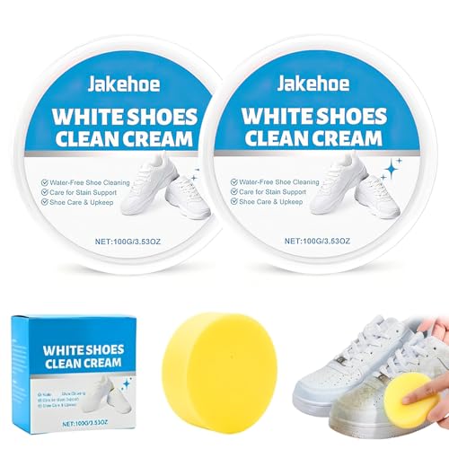 YJW White Shoe Cleaner Cream, Multipurpose No-Wash Solid Cleaning Paste with Sponge Removes Stains, Multipurpose White Shoes Clean Cream for Leather Sneakers Soles-2PCS