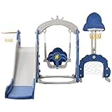 KUIKUI Kinderrutsche, 5 in1 multifunktionale Kleinkinderrutsche mit Basketballkorb,Fußballtor,Schaukel, Kletterturm,für 2-8 Jahre Kinder, Blau