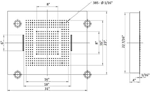 Technical drawing with dimensions of the shower head