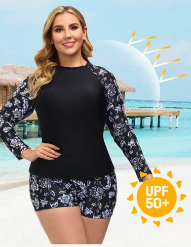 Women's Uv Sun Protection Long Sleeve Rash Guard Swimsuit Top With Bottom Black 22W #TOP1