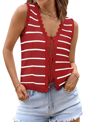 Image of COCCKO Womens Summer Tops Vacation Beach Outfits Cute Tie Front Crochet Vest Knit Sleeveless Sweaters