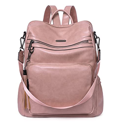 CLUCI Backpack Purse for Women Fashion Two Toned Leather Designer Travel Large Ladies Shoulder Bags with Tassel pink