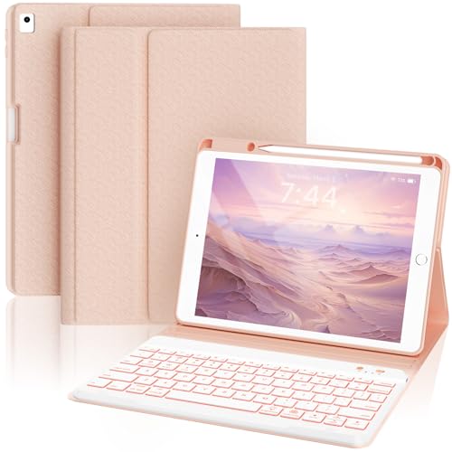 OPAKIT for iPad 9th/8th/7th Gen 10.2" Keyboard Case, 7 Colors Backlit, Detachable Wireless Folio Cover with Pencil Holder for iPad Air 3/Pro 10.5" – Rose Gold