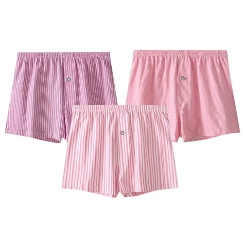 Breathable Boxers for Men 3PC Cotton Lightweight Button Underwear Striped Relax Fit Mid Rise Shorts Comfortable Fit