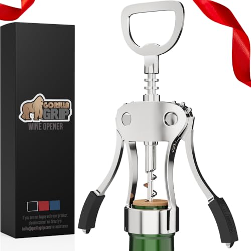GORILLA GRIP BPA-Free Premium Wine Opener, Heavy Duty Zinc Alloy Wing Corkscrew, Multifunctional Bottle Openers Remove Corks, Caps, Easy Use Sharp Cork Screw, Dishwasher Safe, Holiday Essential, Black