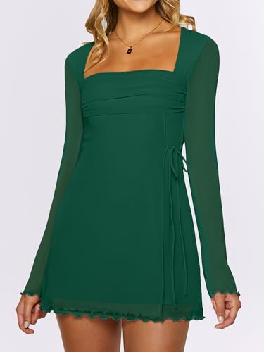 Image of Caracilia Womens Sexy Mesh Ruched Mini Dresses Long Sleeve Square Neck Tie Fall Club Party Cocktail Short Dress 2026 Fashion