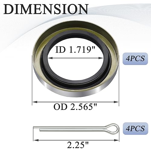 Image of 4Pcs Trailer Axle Hub Wheel Grease Seals with 4Pcs Cotter Pins Replace for Dexter 010-019-00 (10-19) Transcom 171255TB National 473336, ID 1.719'' x OD 2.565'' Double Lip Seals, 3500 lbs #84 Spindle
