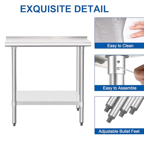 Image of HARDURA Stainless Steel Commercial Work Table Prep Work Metal Table 14x30 Inches with Undershelf and 2 inch Backsplash Heavy Duty NSF 430 for Kitchen Food Prep