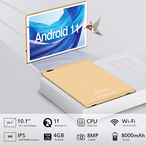 2022 FACETEL Tablet 10 Inch Android 11 OS, Tablet with Octa-Core 4GB RAM 64GB ROM(128GB Expansion), 5G+2.4G WiFi | 5MP+8MP | HD IPS Display | 8000mAh | Bluetooth | Keyboard+Mouse - Gold Metal Body