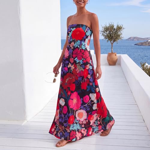 Image of Zwirelz Women Strapless Maxi Dress Boho Floral Print Flowy Long Tube Dress Off Shoulder Loose Beach Sundress