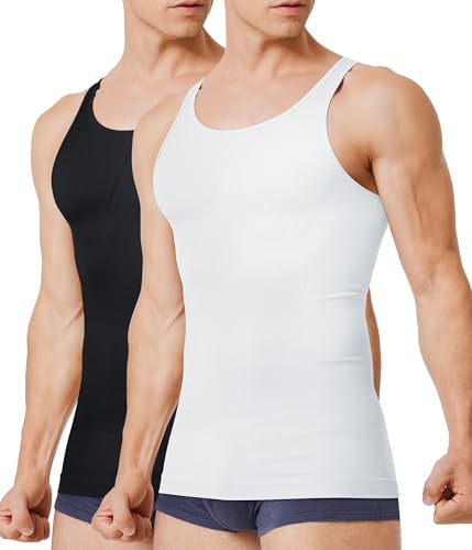 TAILONG 2 Pack Compression Shirt Men Slimming Body Shaper Vest Compression Tank Top Sleeveless Workout Shirts